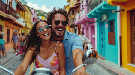 Happy couple riding a scooter along a street with bright colored houses.の素材