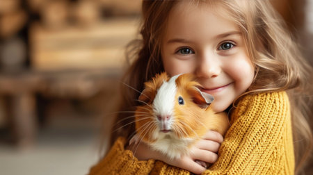 Little girl holding a cute guinea pig in her arms.の素材