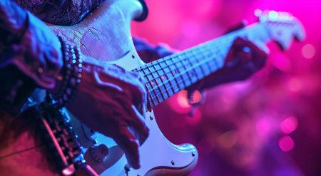 the hand of a person holding an electric guitar at a concert.の素材