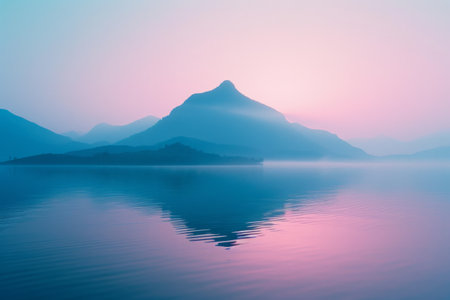 image of a mountain in the water at sunset.の素材