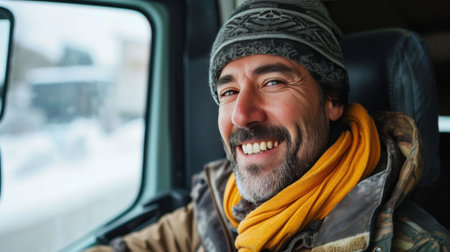 Joyful Spanish Driver Exiting Truck and Facing Camera.の素材