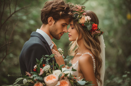 married couples putting flowers on their head and kissing in the park.の素材