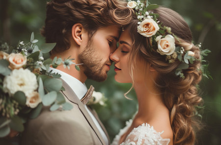 married couples putting flowers on their head and kissing in the park.の素材