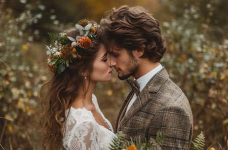 married couples putting flowers on their head and kissing in the park.の素材