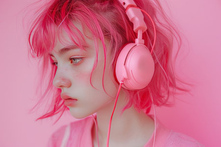 young girl with pink hair wearing headphones on pink background.の素材