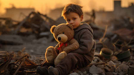 a young boy in a destroyed area holds a bearの素材