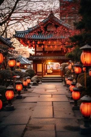 A beautiful landscape photo of a temple or shrine decorated with lanterns and other festive decorations.の素材