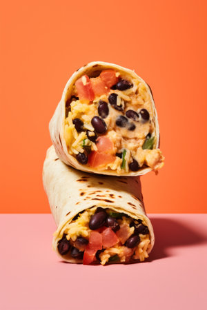 A breakfast burrito filled with scrambled eggs, black beans, cheese, and salsa.の素材