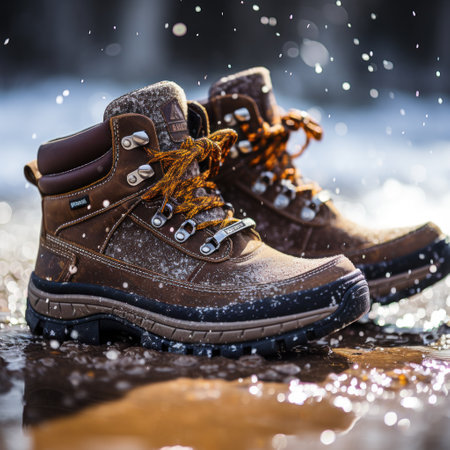 a pair of winter boots with snow falling in the backgroundの素材