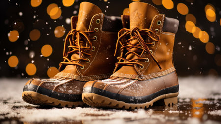 a pair of winter boots with snow falling in the backgroundの素材