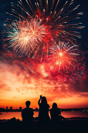 A colorful photo of fireworks bursting in the sky, with a silhouette of people watching in the foreground.の素材