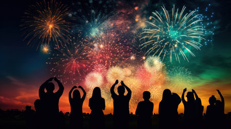A colorful photo of fireworks bursting in the sky, with a silhouette of people watching in the foreground.の素材