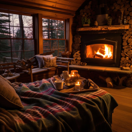 A cozy cabin interior with a roaring fireplace, soft blankets, and a hot cup of tea.の素材