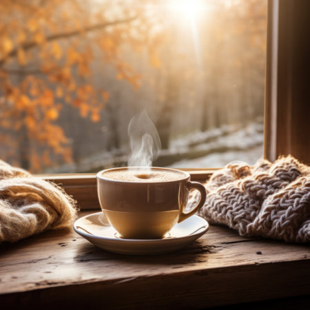A cup of steaming hot coffee sits on a wooden table next to a cozy knit blanket.の素材