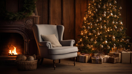 A cozy living room with a decorated Christmas tree and a comfortable armchair.の素材