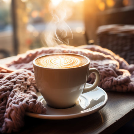 A cup of steaming hot coffee sits on a wooden table next to a cozy knit blanket.の素材