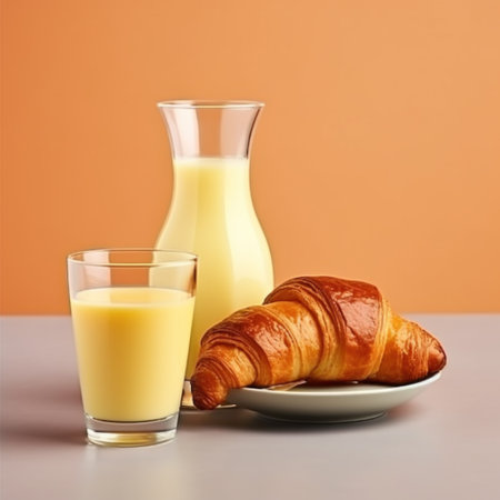 A glass of orange juice accompanied by a croissant with butter and jam.の素材