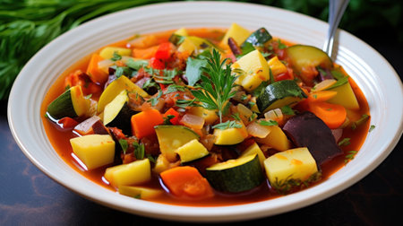 A hearty and healthy vegetable soup with chunks of colorful veggies and sprig of fresh herbs on top.の素材
