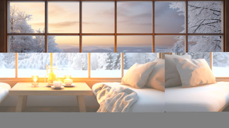 A snowy landscape is visible through a window, with a warm and inviting interior visible in the foreground.の素材