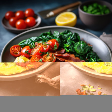 A plate of scrambled eggs with crispy bacon, roasted cherry tomatoes, and sautÃ©ed spinach.の素材