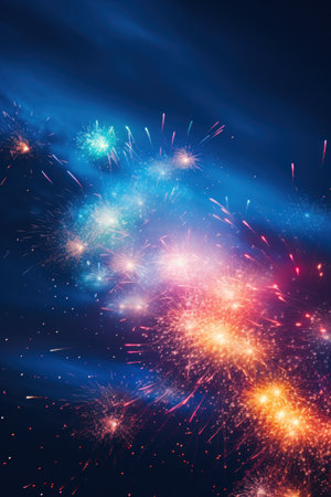 An artistic photo of fireworks with a long exposure, creating a beautiful trail of lights in the skyの素材