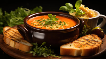 A steaming bowl of tomato soup with a grilled cheese sandwich on the sideの素材