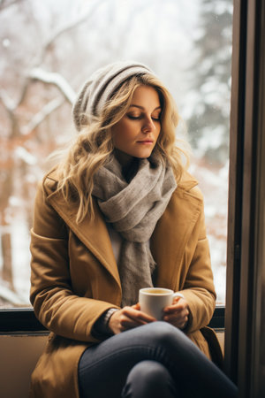 woman sits bundled up in scarf and jacket, sipping a warm drink while looking out at a snowy forest.の素材