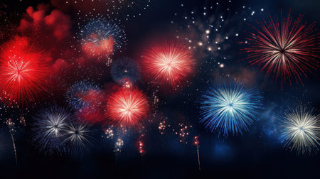 A vibrant image featuring fireworks exploding against a dark night skyの素材