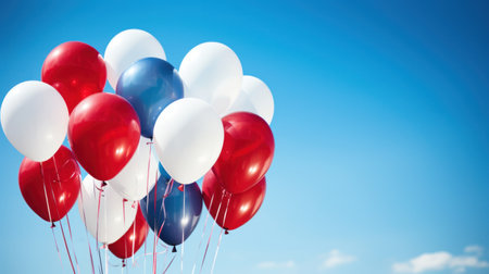 balloons in patriotic colors floating against a bright blue sky.の素材
