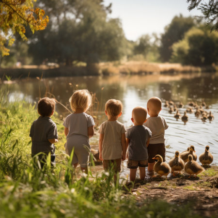 group of kids watching in awe as a baby duckling waddles around, exploring its surroundings..の素材