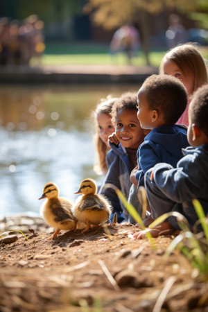 group of kids watching in awe as a baby duckling waddles around, exploring its surroundings..の素材