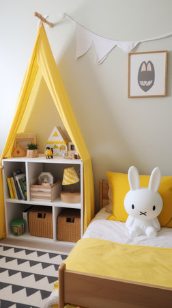 A gender-neutral children's room with a white and yellow color scheme.の素材