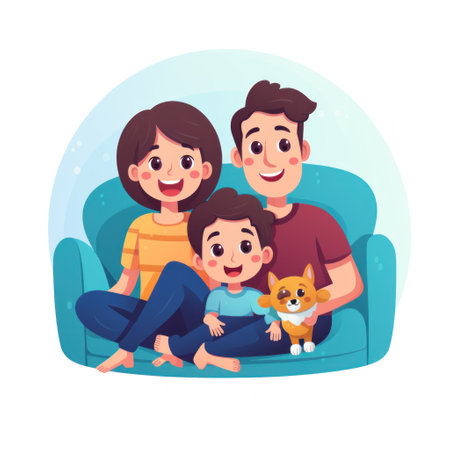 A family, including a playful toddler, sitting on a cozy couch and enjoying a children cartoon on TVの素材