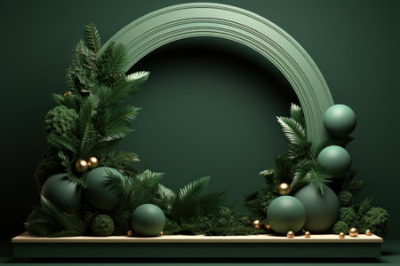 christmas green podium with wreaths and baubles.の素材
