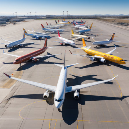 Photo for group of airplanes parked on the tarmac, viewed from a high angle. - Royalty Free Image