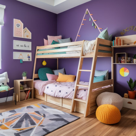 children's room with a purple accent wall, a wooden bunk bed with a ladder.の素材