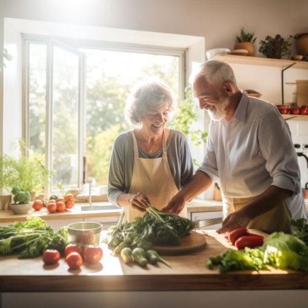 an elderly couple cooking breakfast together in a bright and cozy kitchen.の素材