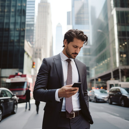 A man in a suit walking down a busy city street, looking at his phone with skyscrapers in backgroundの素材