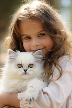 young girl holding a fluffy white kitten in her arms, both looking content and happy.の素材