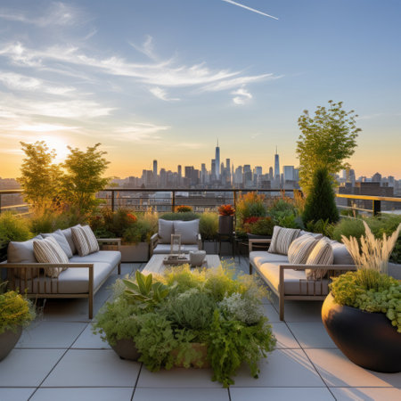serene rooftop garden with a variety of plants, a stylish seating areaの素材