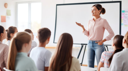 A teacher standing in front of a whiteboard explaining a concept to a classroom full of students.の素材
