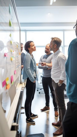 A team of coworkers brainstorming and writing on a whiteboard in a brightly lit office.の素材