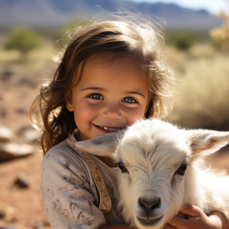 An adorable shot of a little girl hugging a baby goat, both of them looking into the camera.の素材
