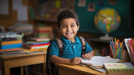 A young child holding a book and smiling, surrounded by school supplies like pencils and notebooks.の素材