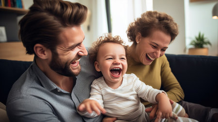 A young family of three, with a baby in the father's arms, watching a comedy show on TV.の素材