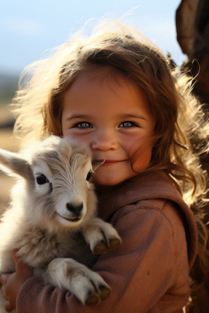 An adorable shot of a little girl hugging a baby goat, both of them looking into the camera.の素材