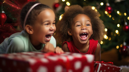 children excitedly looking at decorations and gifts under the Christmas tree..の素材