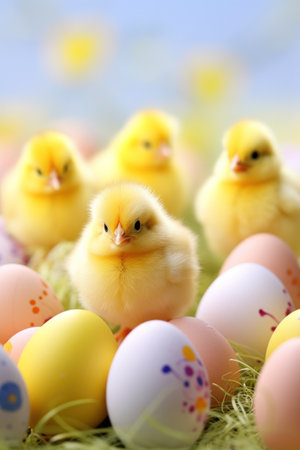 A playful background with bright yellow Easter chicks and colorful eggs,の素材