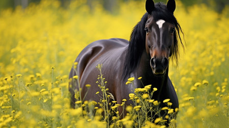 A striking black horse with glossy coat and piercing eyes, standing in a field of wildflowers.の素材
