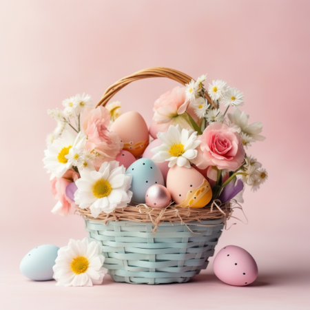 Easter basket filled with eggs andfluttering butterflies, set against a light pink background.の素材